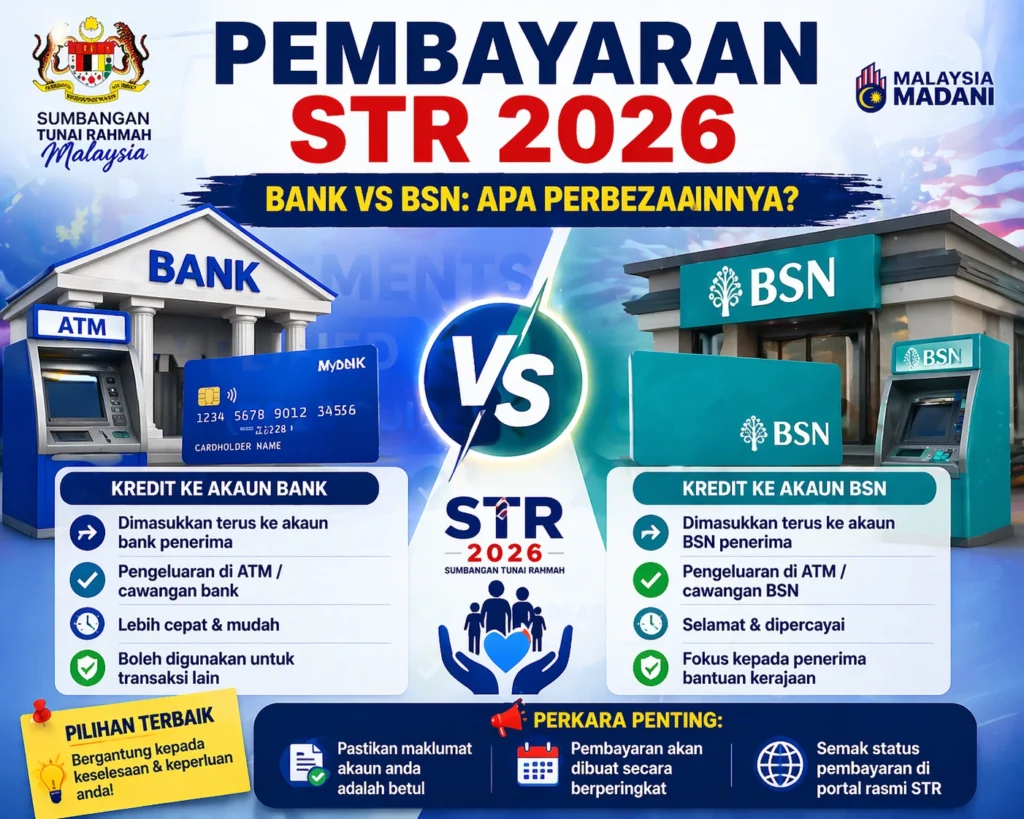 Pembayaran STR 2026 Bank vs BSN: Apa Perbezaannya?